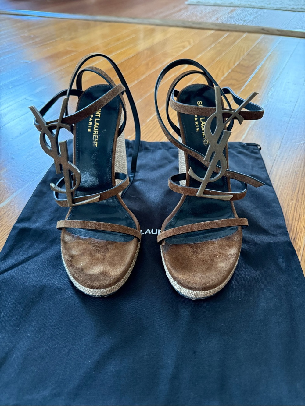 Saint Laurent Cassandra 105 Wedge Sandals Brown Suede Size 38 - Picture 2 of 11